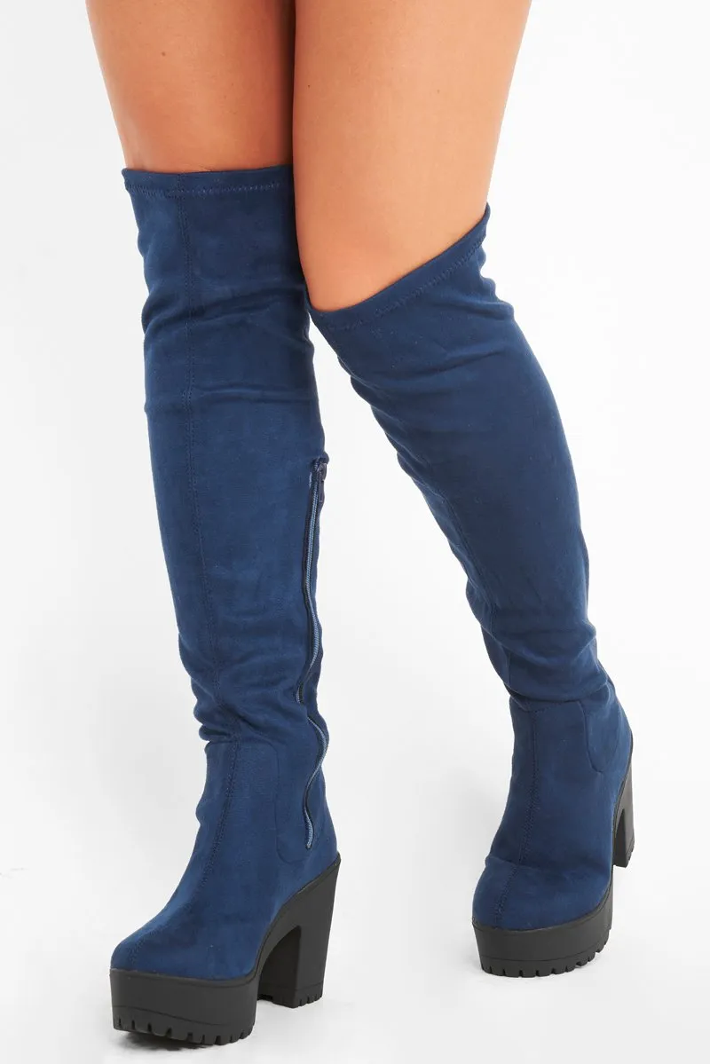 Blue Suede Platform Knee High Boots - Sandy