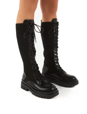 Embark Black Chunky Sole Knee High Lace Up Boots