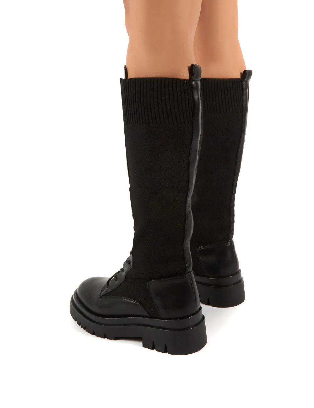 Embark Black Chunky Sole Knee High Lace Up Boots