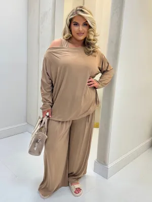 Hollyanna Curve Caramel Cowl Neck Jersey Drawstring Co-Ord