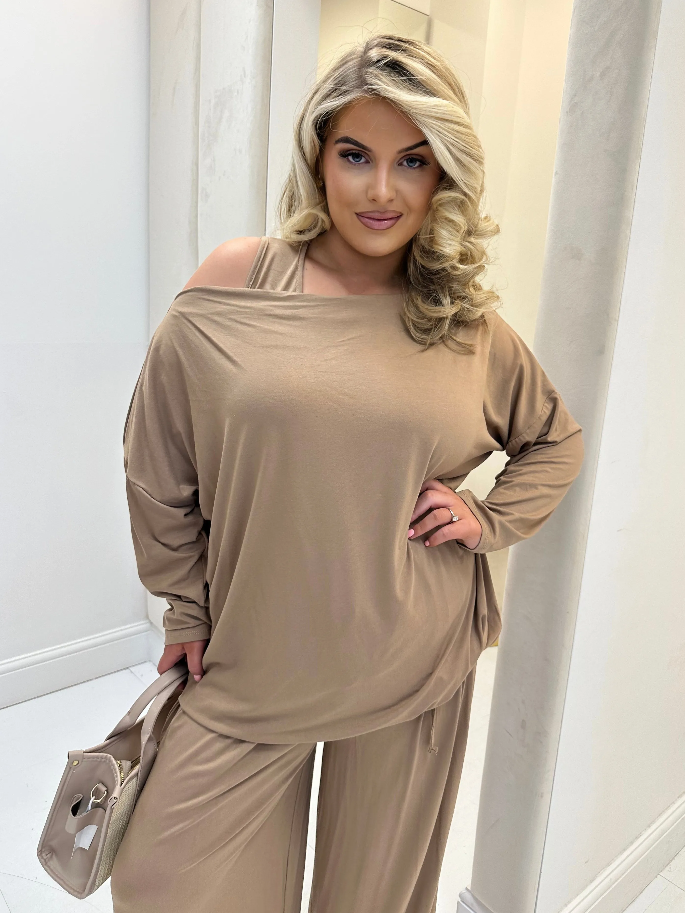 Hollyanna Curve Caramel Cowl Neck Jersey Drawstring Co-Ord
